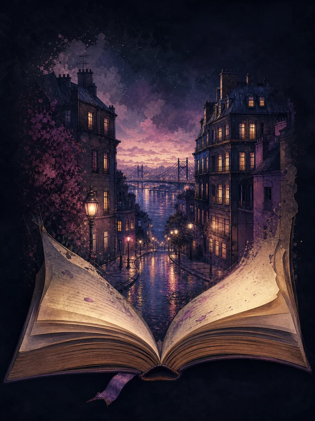 Открытая книга, из которой возникает вечерний город